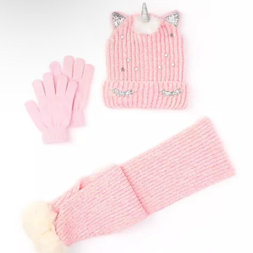 NWT Pink Sparkle Unicorn Adorable 3 piece set chenille beanie, scarf and gloves